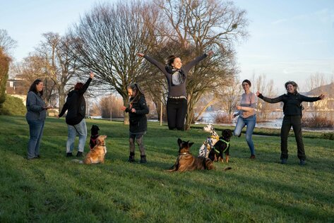 Eine Gruppe von Menschen, die mit Hunden im Park sind