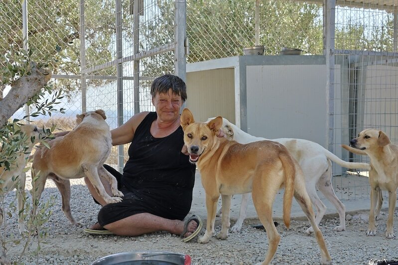 Tierschützerin Maria Fragkouli mit ihren Tierschutzhunden auf Kreta