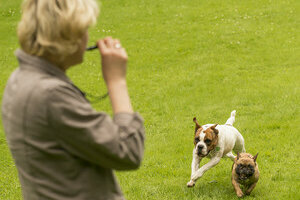 Frau mit Hundepfeife und zwei Hunden
