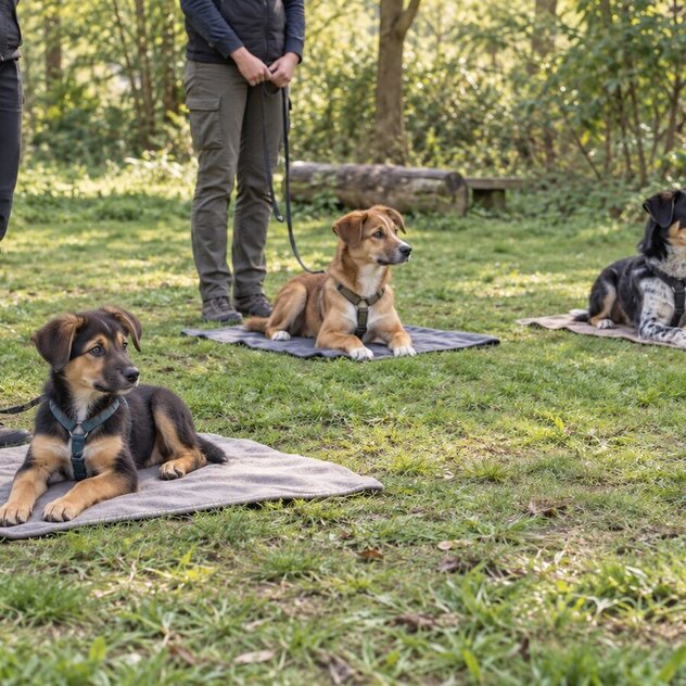 Drei unterschiedlich alte Hunde üben in einer kleinen Trainingsgruppe entspannt auf ihren Decken