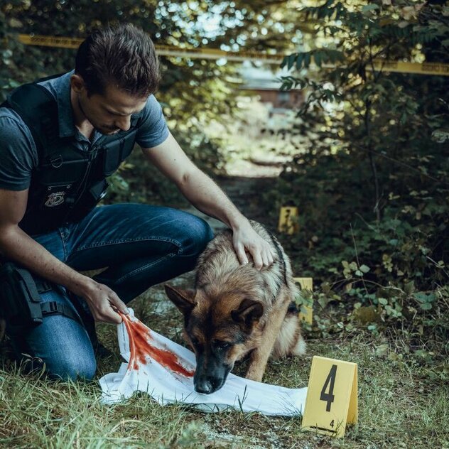 Hund schnüffelt an Kleidungsstück mit Blut